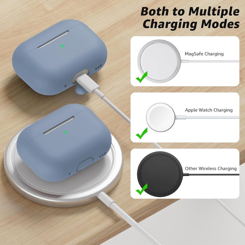 Tandoler حافظة متوافقة مع Airpods Pro 2، غلاف سيليكون ناعم واقي مع مجموعة تنظيف وحبل حمل متوافق مع AirPod Pro الجيل الثاني، LED أمامي مرئي - أزرق رمادي - Image 4